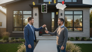Realtor handing keys in front of an Ontario home with dollar icons and a checklist overlay