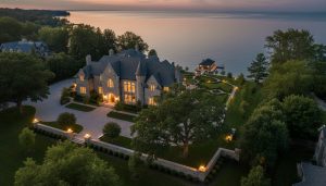 Twilight exterior of a luxury Oakville estate with manicured grounds and lake view.