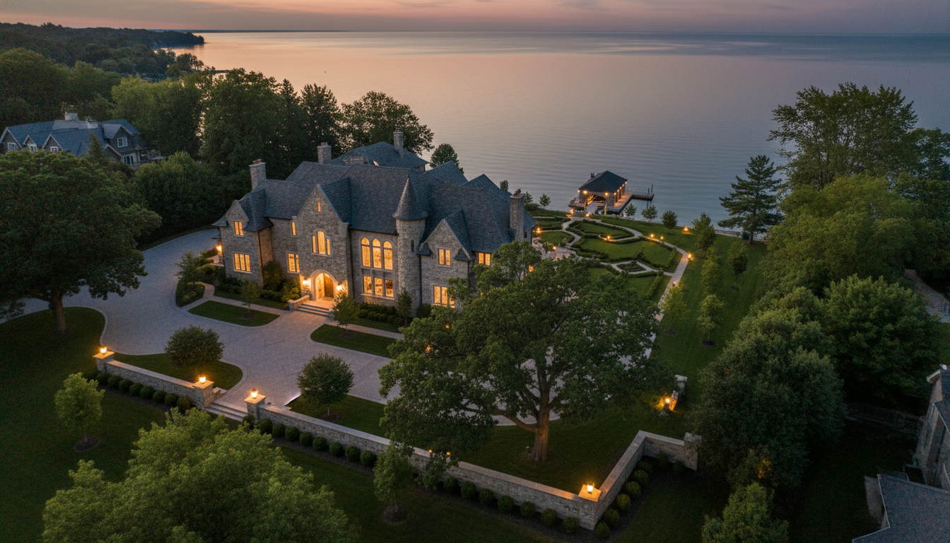 Twilight exterior of a luxury Oakville estate with manicured grounds and lake view.