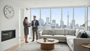 Real estate agent showing a staged living room with a clock and Toronto skyline visible