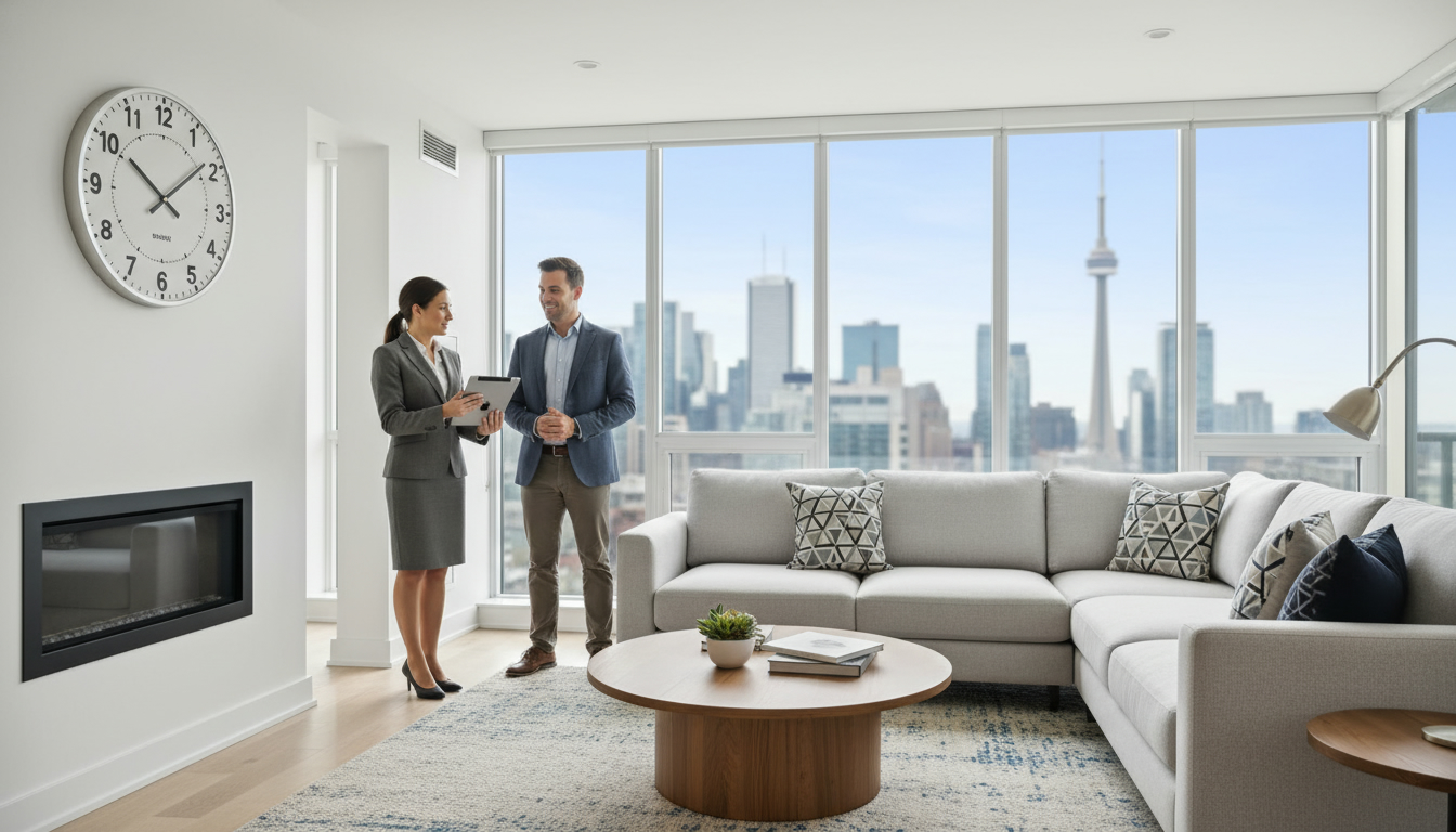 Real estate agent showing a staged living room with a clock and Toronto skyline visible