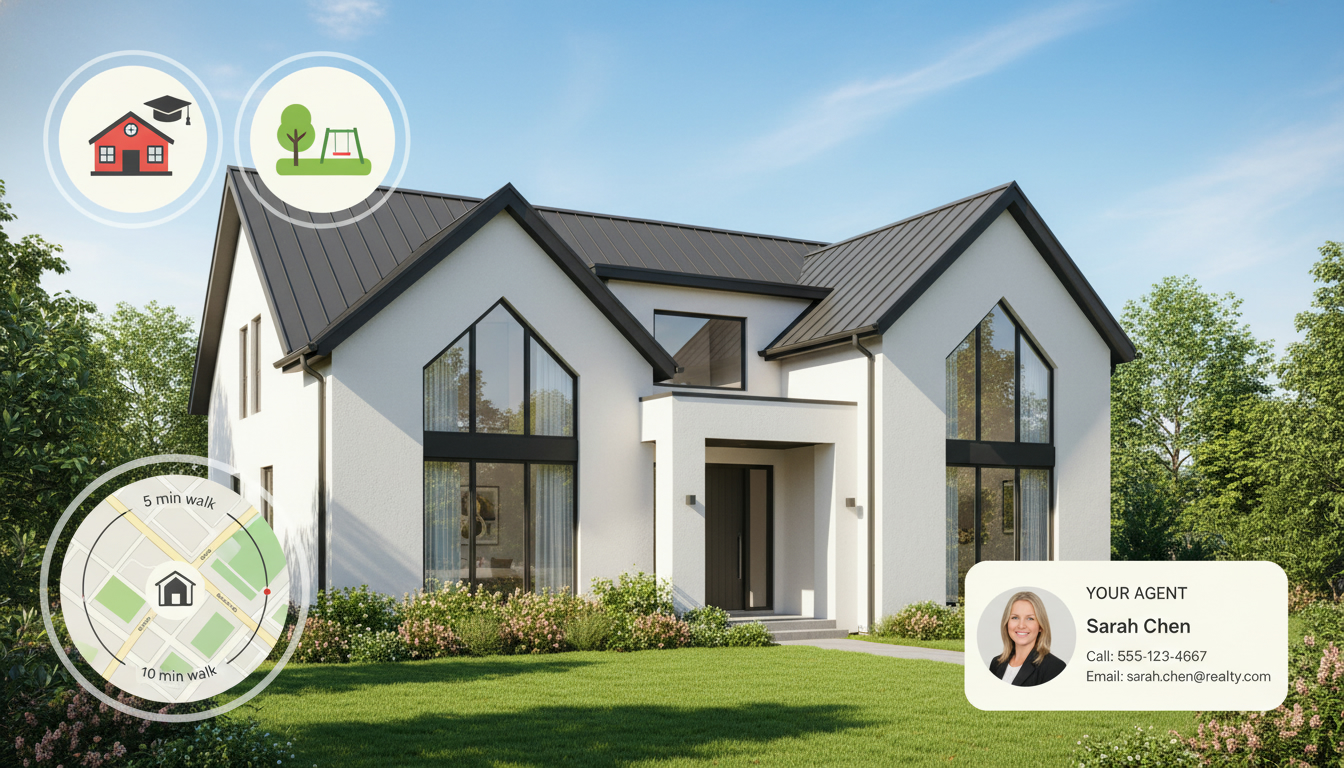 Suburban house with icons for nearby school and park and map circles