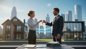 Seller using a bridge loan to move between homes; agent holding keys and mortgage documents