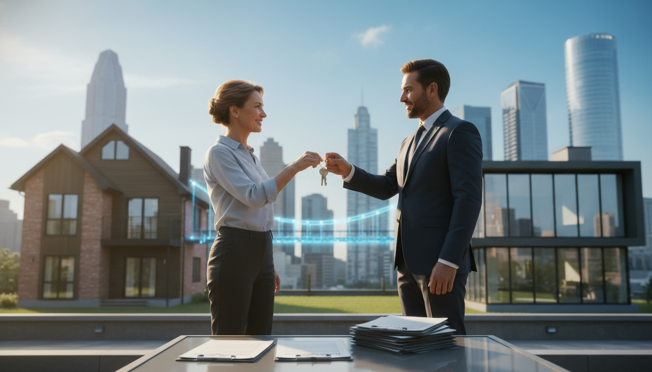 Seller using a bridge loan to move between homes; agent holding keys and mortgage documents