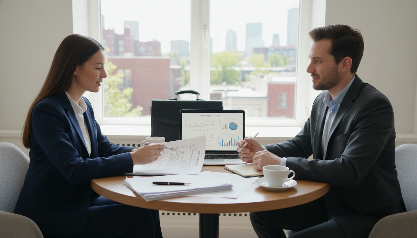 Client and real estate agent calmly resolving a disagreement over paperwork in a modern office