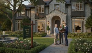 Realtor discussing an estate sale plan with family outside an elegant estate home with a For Sale sign