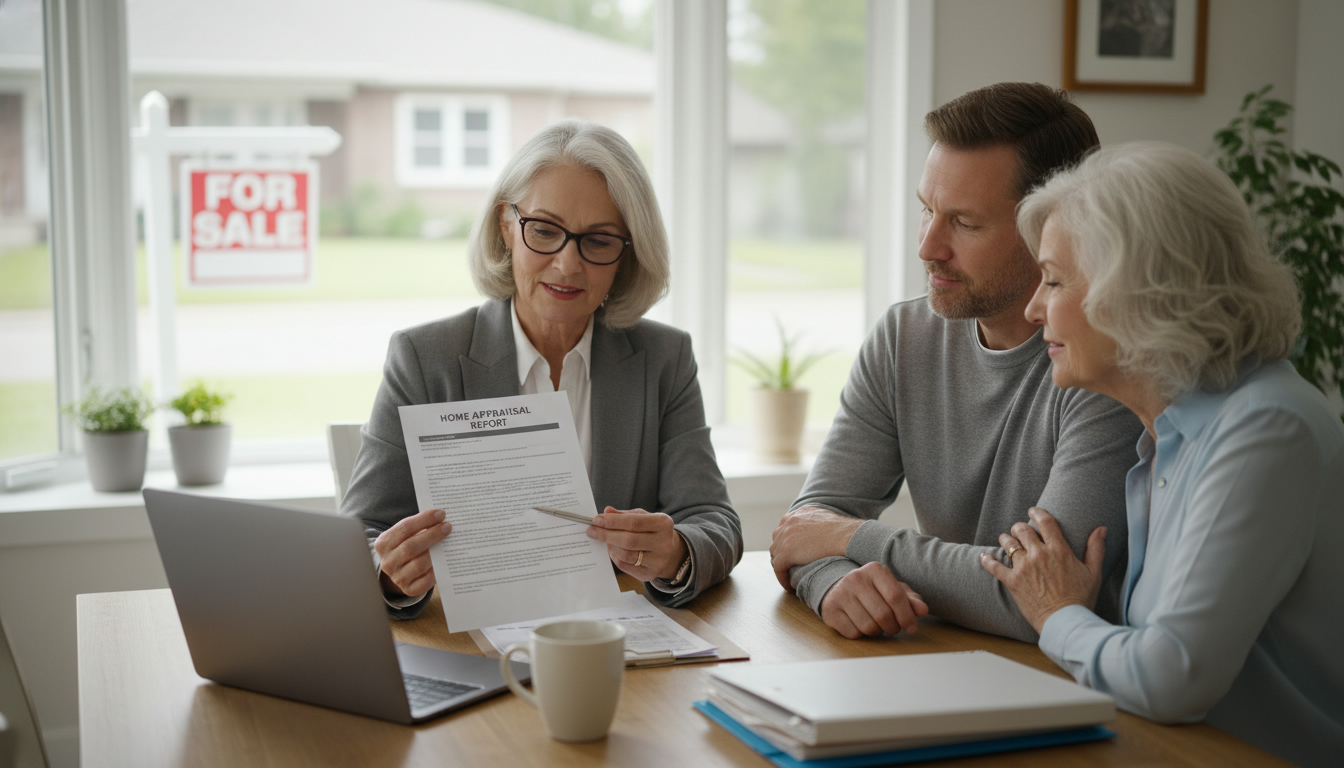 Realtor discussing appraisal documents with adult child and elderly parent at kitchen table