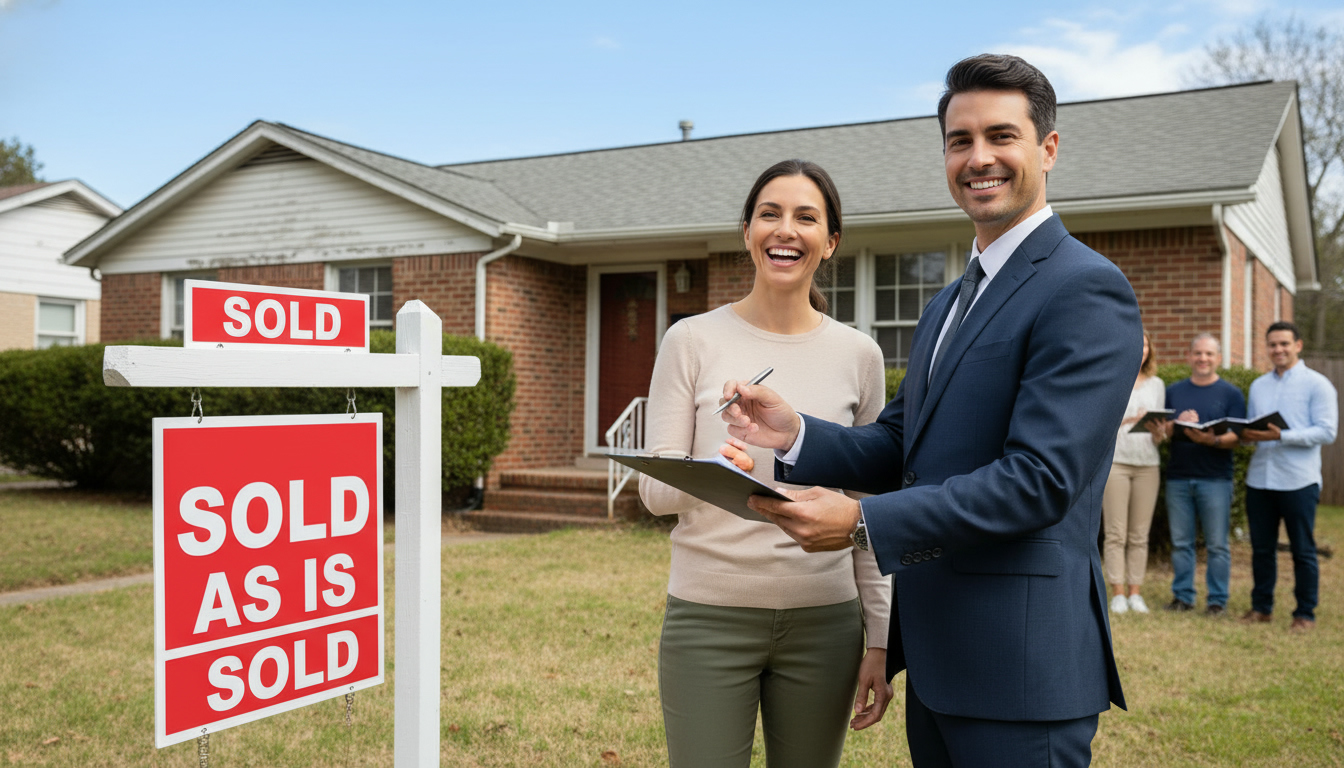Realtor and homeowner in front of sold as-is house with sold sign and clipboard