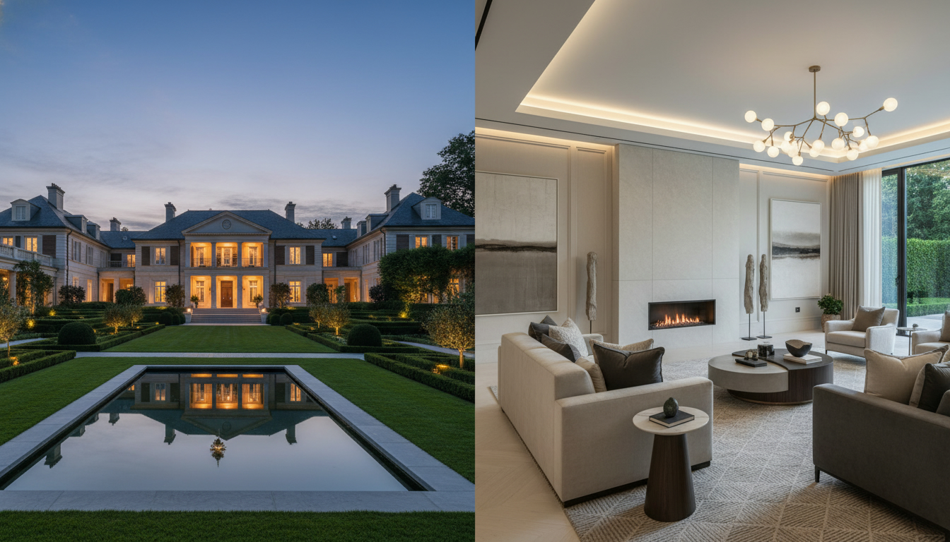 Stately estate home exterior and staged living room showing curb appeal and interior staging for sale.