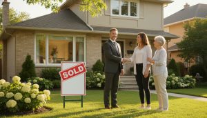 Realtor in front of a staged house with sold sign, adult child shaking hands, elderly parent relieved