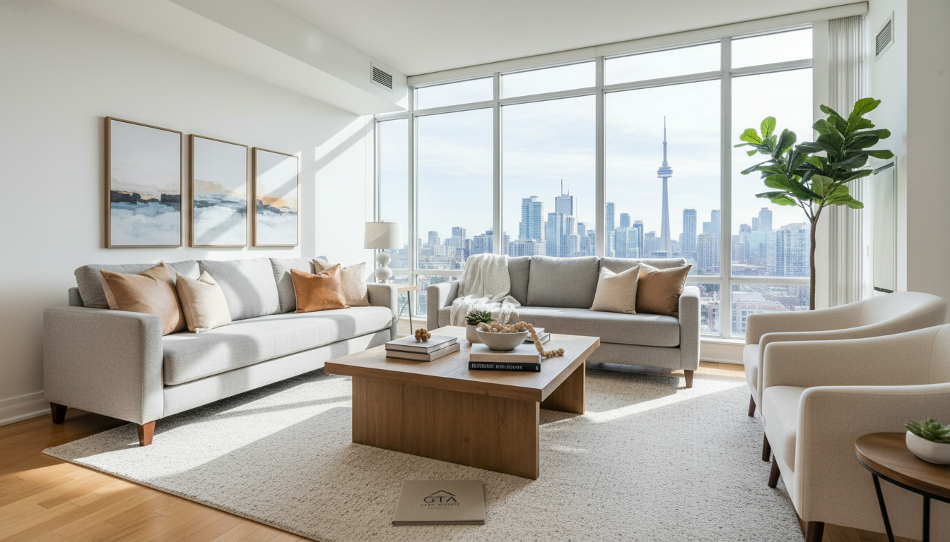Professionally staged modern living room in a Greater Toronto Area home with neutral furniture and city skyline visible through window.