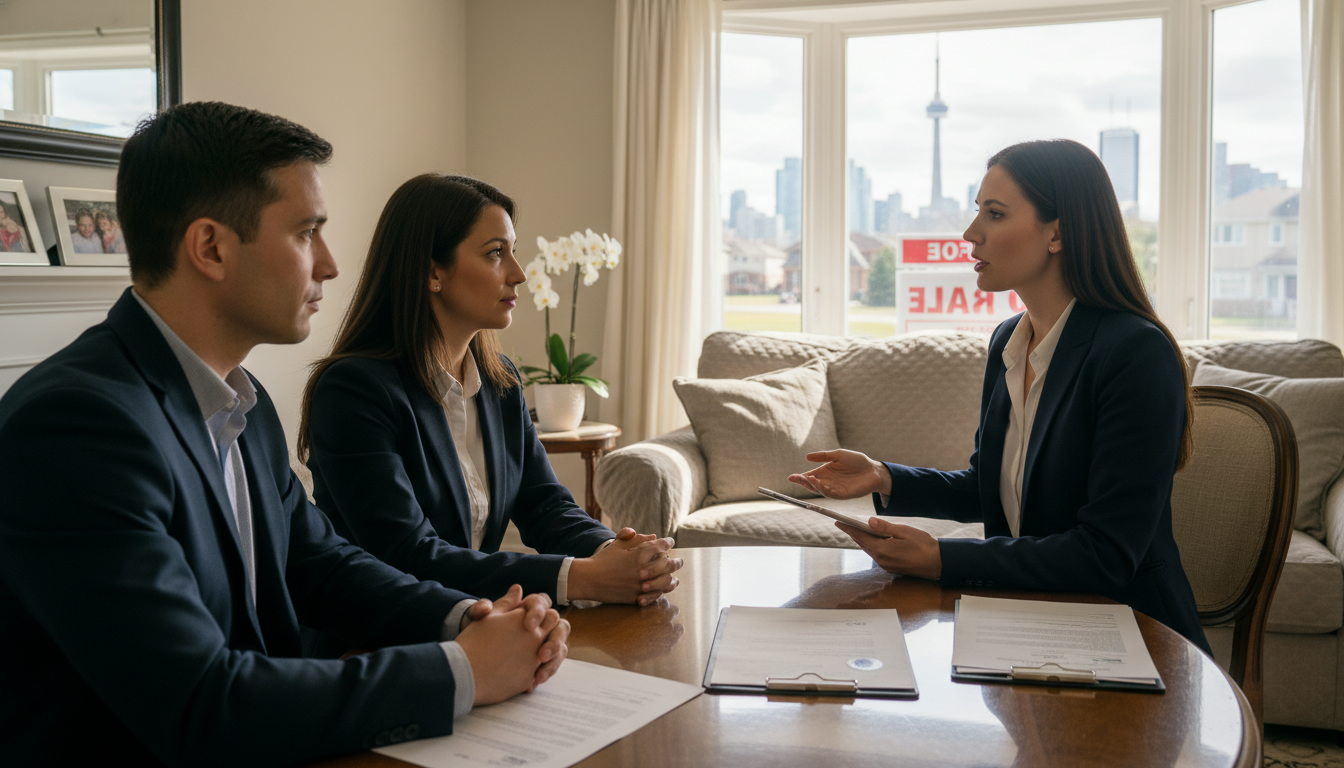 Realtor advising adult children at an estate sale with legal documents and house for sale sign in a suburban setting