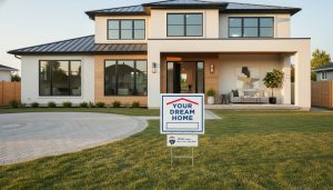 Staged modern home with a for sale sign and inviting open front entrance ready for showings
