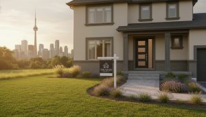 Well-staged suburban home for sale with For Sale sign at golden hour