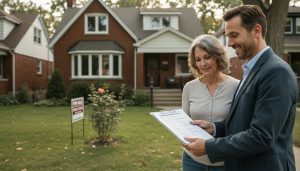 Realtor handing home inspection report to adult in front of older house with For Sale sign
