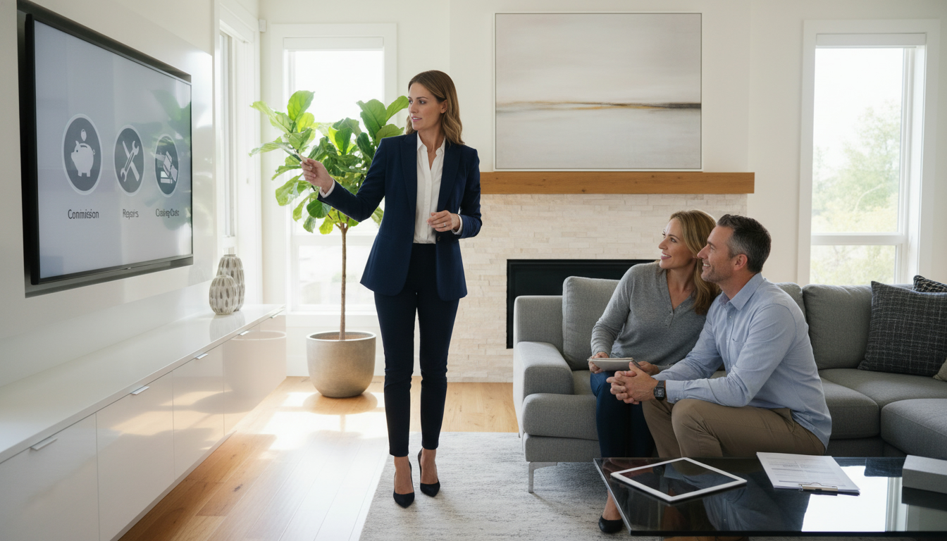 Real estate agent showing homeowners a breakdown of selling costs in a living room with icons for commission, repairs, staging, and closing costs.