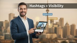 Realtor holding tablet showing property listing with floating hashtag icons and Toronto skyline in background.