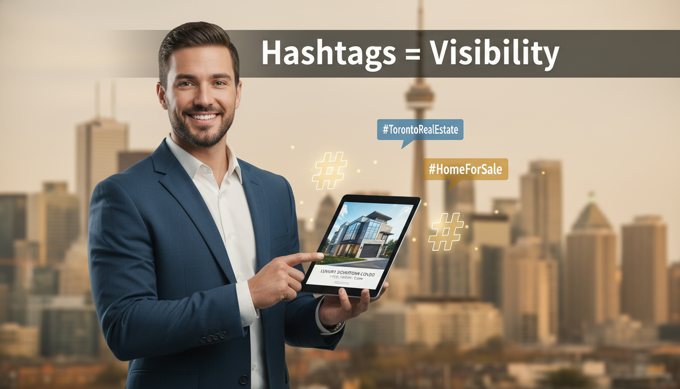 Realtor holding tablet showing property listing with floating hashtag icons and Toronto skyline in background.