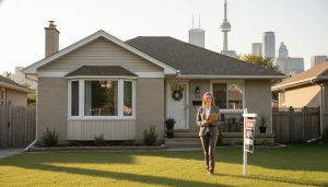 Realtor with clipboard in front of a suburban house with 'For Sale As-Is' sign and Toronto skyline in background