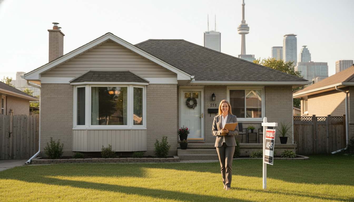 Realtor with clipboard in front of a suburban house with 'For Sale As-Is' sign and Toronto skyline in background