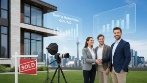 Top producing real estate agent shaking hands with clients in front of a sold house with Toronto skyline.
