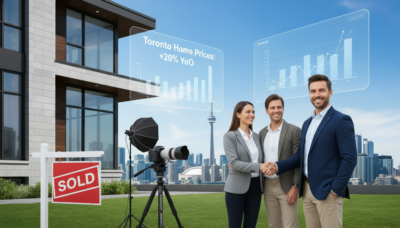 Top producing real estate agent shaking hands with clients in front of a sold house with Toronto skyline.