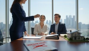 Real estate agent at closing table with mortgage documents and house model showing mortgage payoff and cleared lien.