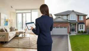 Split-screen: modern staged condo living room and suburban house exterior with realtor showing documents