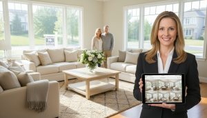 Staged living room with realtor showing MLS photos on a tablet and 'For Sale' sign outside