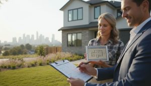 Licensed appraiser inspecting a suburban home with realtor holding a tablet