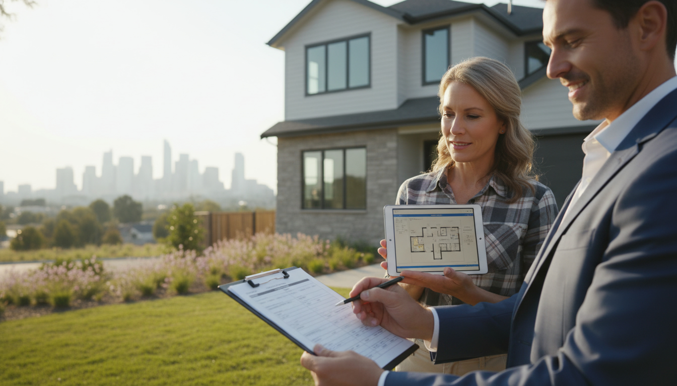Licensed appraiser inspecting a suburban home with realtor holding a tablet