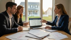 Realtor advising family at kitchen table with deed and mortgage documents showing liens