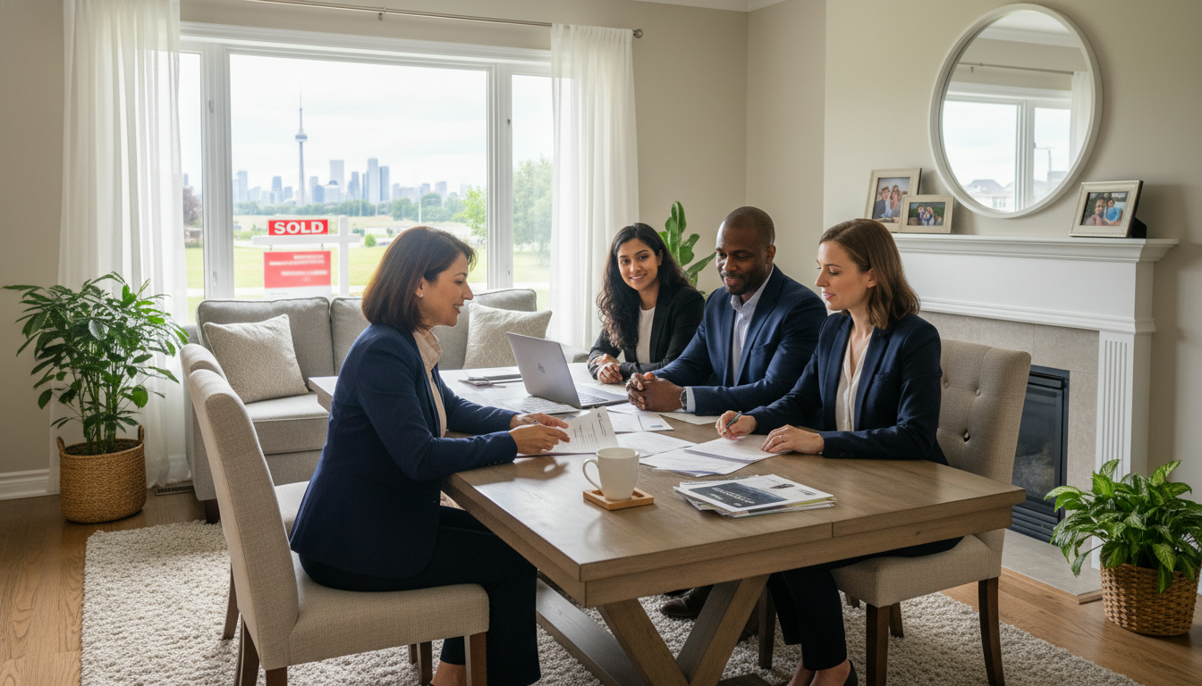 Realtor advising family on selling a parent's home after a death, paperwork on table and sold sign outside
