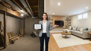 Split image of unfinished basement vs modern finished basement with realtor showing finished side