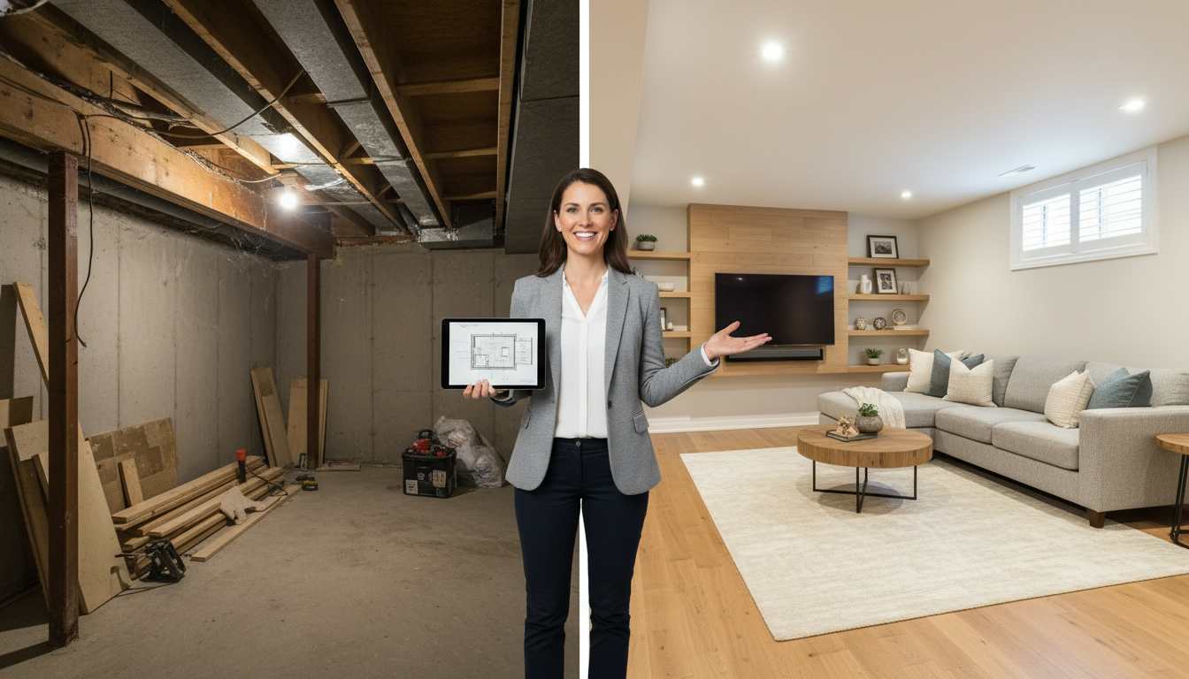 Split image of unfinished basement vs modern finished basement with realtor showing finished side
