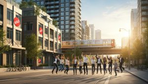 Toronto homes and condos with sold signs and buyers celebrating near subway line