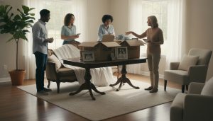 Family and realtor sorting sentimental furniture in a sunlit living room with boxes and antiques.