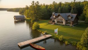 A waterfront cottage with 'For Sale' sign, Realtor speaking to buyers at sunset by the dock in a Muskoka-style lake setting.