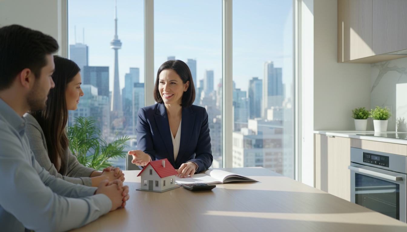 Realtor reviewing mortgage documents at table with Toronto skyline in background