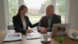 Realtor and executor reviewing probate documents with a house visible through the window