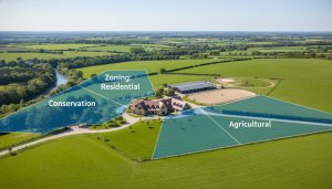 Luxury rural property with zoning map overlay showing residential, conservation and agricultural zones