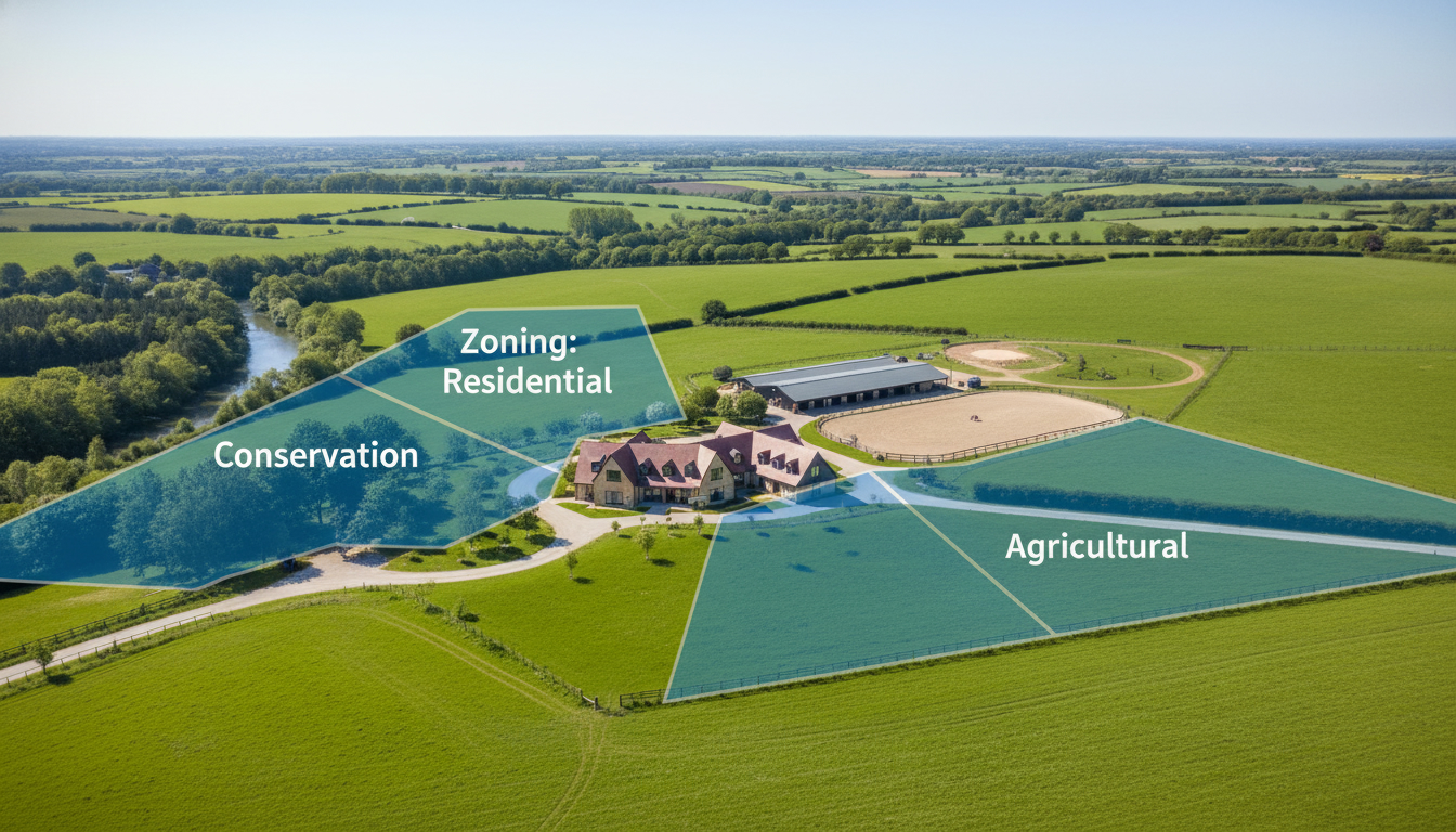Luxury rural property with zoning map overlay showing residential, conservation and agricultural zones