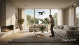 Videographer filming a staged living room with gimbal and drone outside, representing professional property video production