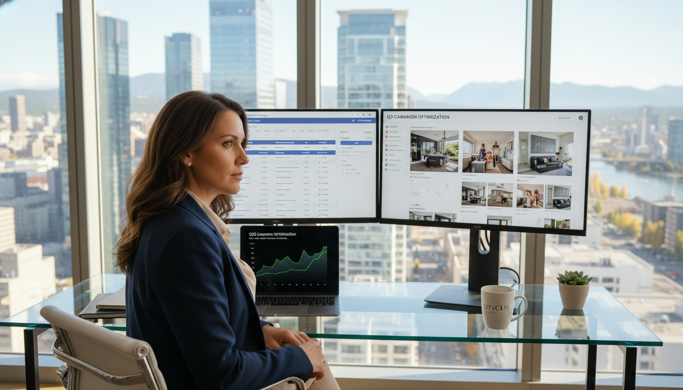 Realtor reviewing Facebook and Instagram ad performance on dual monitors with charts