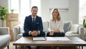 Realtor meeting with adult child and elderly parent in a bright living room discussing sale paperwork