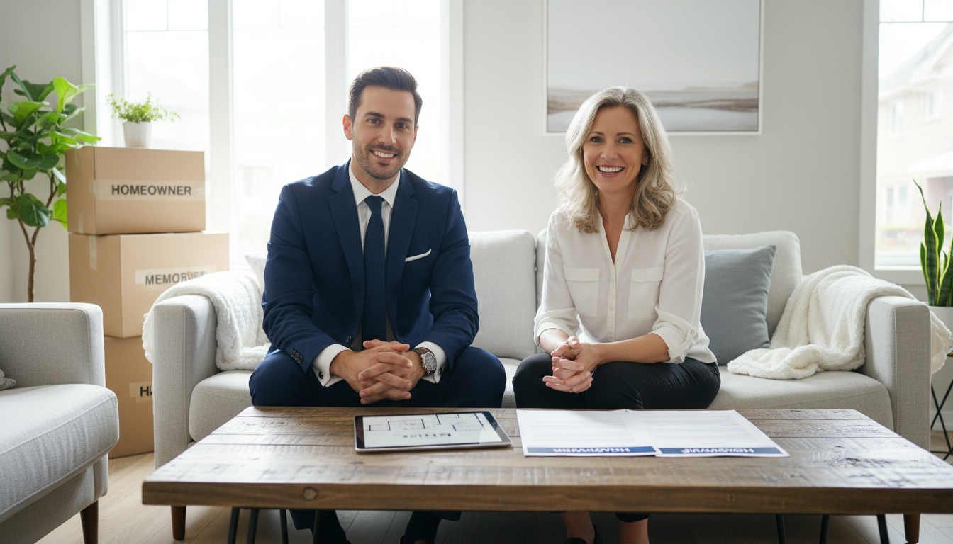 Realtor meeting with adult child and elderly parent in a bright living room discussing sale paperwork