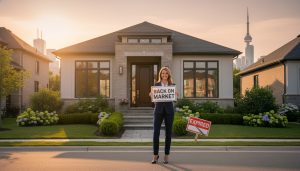 Real estate agent holding 'Back on Market' sign in front of a house with an 'Expired' sign to the side