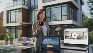 Real estate marketing setup showing professional photos, social media ads, and MLS listing for a modern home.