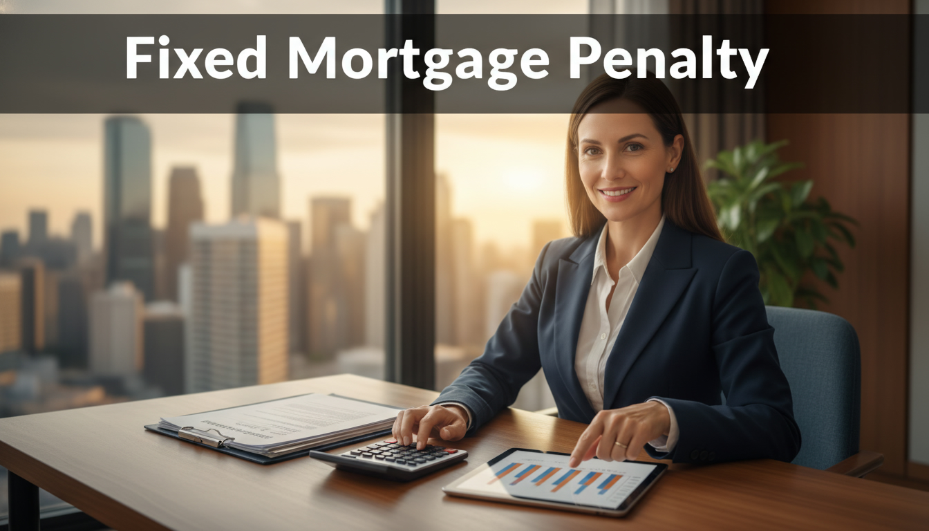 Realtor reviewing mortgage documents with calculator and tablet showing financial chart, overlay text 'Fixed Mortgage Penalty'
