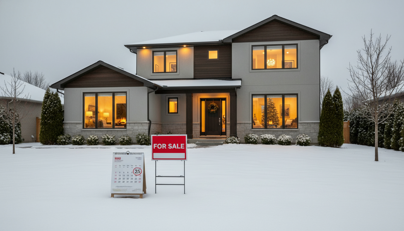 Suburban house for sale in winter with a calendar showing December circled